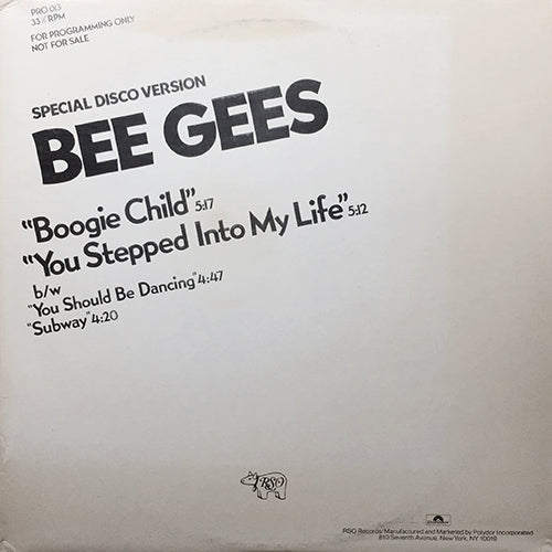 BEE GEES // 4 TRACK EP inc. BOOGIE CHILD (5:17) / YOU STEPPED INTO MY LIFE (5:12) / YOU SHOULD BE DANCING (4:47) / SUBWAY (4:20)