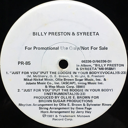 BILLY PRESTON & SYREETA / OZONE // JUST FOR YOU (PUT THE BOOGIE IN YOUR BODY) (5:23) / (INST) (5:23) / GIGOLETTE (6:40) / INST (6:40)