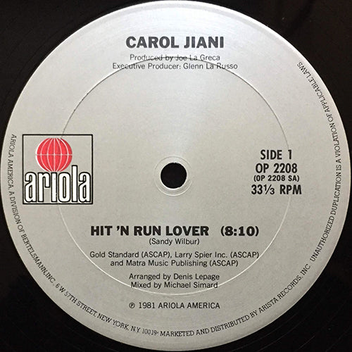 CAROL JIANI // HIT 'N' RUN LOVER (8:10) / ALL THE PEOPLE OF THE WORLD (7:51)