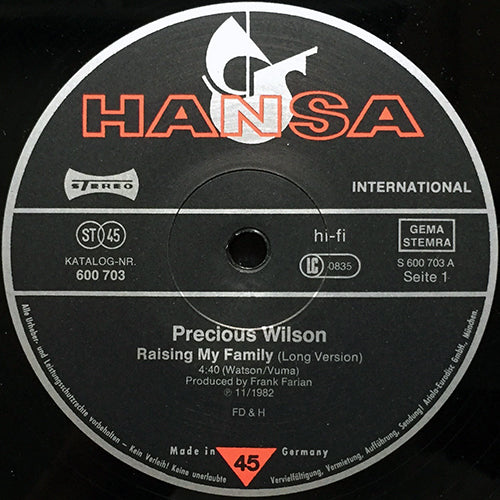 PRECIOUS WILSON // RAISING MY FAMILY (LONG VERSION) (4:40) / THE NIGHT THE MUSIC DIES (3:59)
