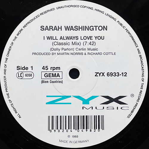 SARAH WASHINGTON // I WILL ALWAYS LOVE YOU (CLASSIC MIX) (7:42) / BODY HEAT (5:46)