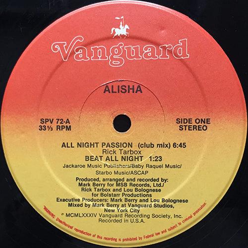 ALISHA // ALL NIGHT PASSION (CLUB MIX) (6:45) / BEAT ALL NIGHT (1:23) / DUB ALL NIGHT (7:05)