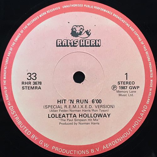 LOLEATTA HOLLOWAY // HIT AND RUN (SPECIAL R.E.M.I.X.E.D. VERSION) (6:00) / (ORIGINAL ALBUM VERSION) (5:50) / CATCH ME ON THE REBOUND (6:10)