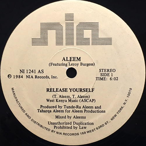 ALEEM feat. LEROY BURGESS // RELEASE YOURSELF (6:02) / (DUB) (6:15)