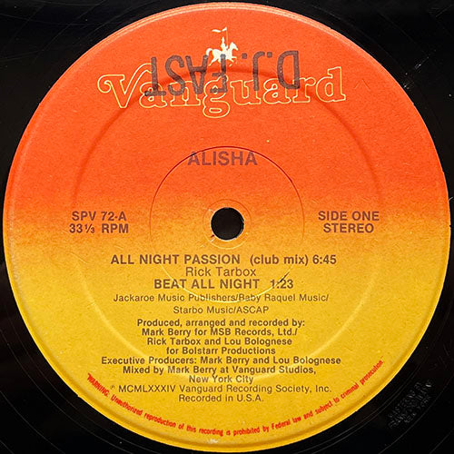 ALISHA // ALL NIGHT PASSION (CLUB MIX) (6:45) / BEAT ALL NIGHT (1:23) / DUB ALL NIGHT (7:05)