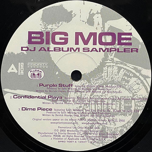 BIG MOE // DJ ALBUM SAMPLER inc. PURPLE STUFF (2VER) / CONFIDENTIAL PLAYA (2VER) / DIME PIECE (2VER) / CASH (2VER) / WHEN I (2VER)