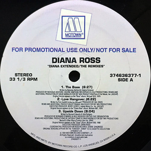 DIANA ROSS // DIANA EXTENDED/THE REMIXES (EP) inc. THE BOSS / LOVE HANGOVER / UPSIDE DOWN / SOMEDAY WE'LL BE TOGETHER / CHAIN REACTION / YOU'RE GONNA LOVE IT / I'M COMING OUT