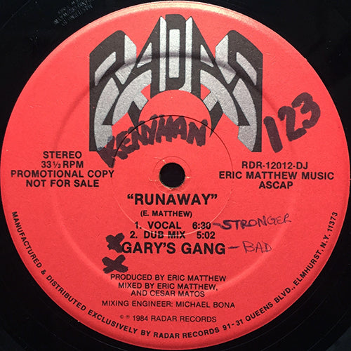 GARY'S GANG / KEY-MATIC // RUNAWAY (6:30) / (DUB MIX) (5:02) / BREAKIN' IN SPACE (6:16) / (DUB MIX) (4:33)