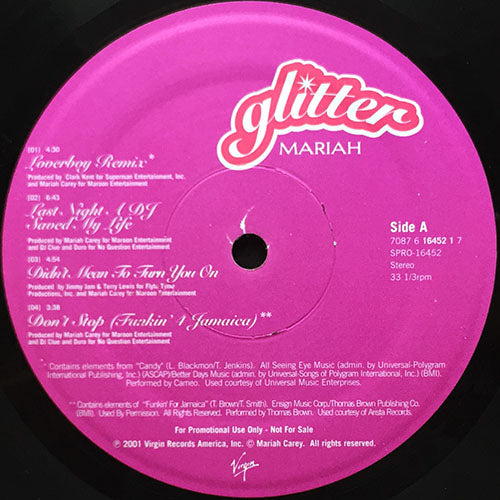 MARIAH // GLITTER (LP) inc. LOVERBOY / LAST NIGHT A DJ SAVED MY LIFE / DIDN'T MEAN TO TURN YOU ON / DON'T STOP (FUNKIN' 4 JAMAICA) / IF WE / ALL MY LIFE / WANT YOU / LEAD THE WAY / REFLECTIONS / NEVER TOO FAR / TWISTER