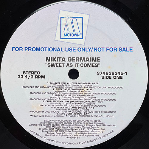 NIKITA GERMAINE // SWEET AS IT COMES (LP) inc. ALL OVER YOU, ALL OVER ME / JUST BECAUSE / CHALLENGE MY LOVE / OUR DAY WILL COME / LOVE LIGHT / WATCH ME WALK / STANDING IN THE RAIN / HIDE YOUR LOVE / SURRENDER / HEART'S DEVOTION etc