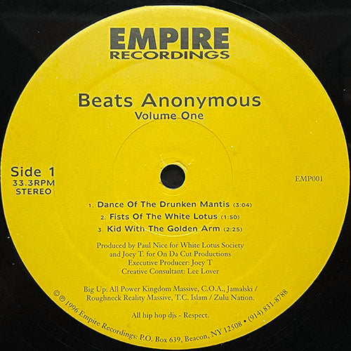 PAUL NICE & JOEY T. // BEATS ANONYMOUS VOLUME ONE (EP) inc. DANCE OF THE DRUNKEN MANTIS / FISTS OF THE WHITE LOTUS / KID WITH THE GOLDEN ARMS / SNAKE'S DEADLY ACT / BORN INVINCIBLE / RENEGADE MONK