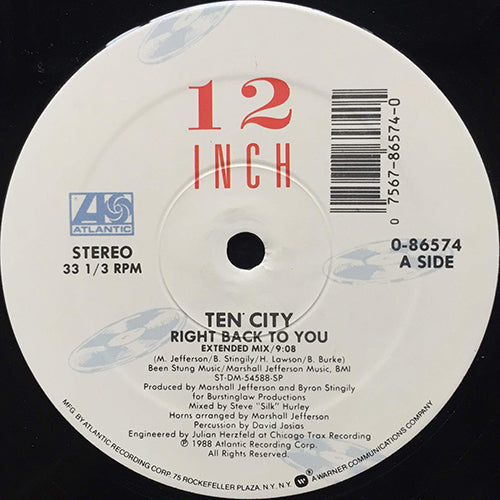 TEN CITY // RIGHT BACK TO YOU (EXTENDED MIX) (9:08) / (NY MIX) (7:55) / ONE KISS WILL MAKE IT BETTER HOUSE MIX) (10:21)