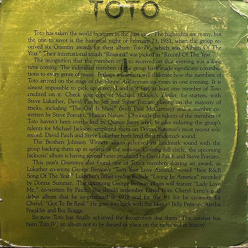 TOTO // 4 TRACK EP inc. ROSANNA (5:32) / AFRICA (4:57) / I WON'T HOLD YOU BACK (4:54) / WAITING FOR YOUR LOVE (4:13)