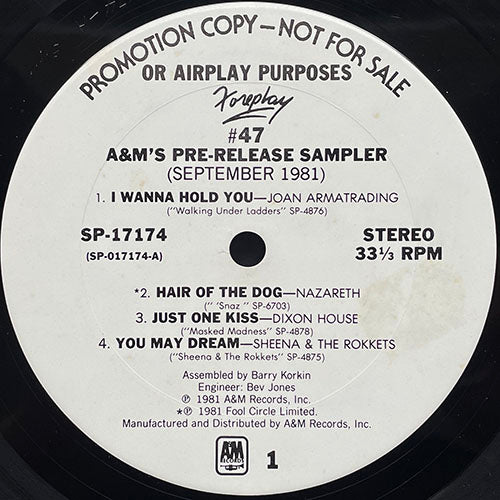 V.A. (JOAN ARMATRADING / NAZARETH / DIXON HOUSE / SHEENA & ROCKETS / POLICE / BOOKER T / CURE / SUBURBAN LAWNS) // FOREPLAY #47 (EP) inc. I WANNA HOLD YOU / HAIR OF THE DOG / JUST ONE KISS / YOU MAY DREAM / I WANT YOU / PRIMARY / JANITOR etc
