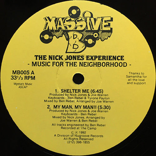 NICK JONES EXPERIENCE // MUSIC FOR THE NEIGHBORHOOD (EP) inc. SHELTER ME (6:45) / MY MAN, MY MAN!! (5:30) / THE KEYS OF LIFE (5:00/5:10) for NAEEM JOHNSON