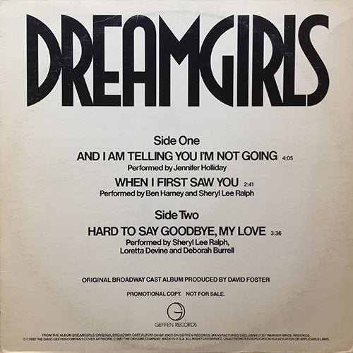 V.A. (JENNIFER HOLLIDAY / BEN HARNEY, SHERYL LEE RALPH / DEBORAH BURRELL, LORETTA DEVINE) // DREAMGIRLS (EP) inc. AND I AM TELLING YOU I'M NOT GOING (4:05) / WHEN I FIRST SAW YOU (2:41) / HARD TO SAY GOODBYE, MY LOVE (3:36)